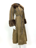 VTG 60s 70s DARK BROWN SUEDE LEATHER FUR COLLAR BELTED PRINCESS SWING COAT 10 12