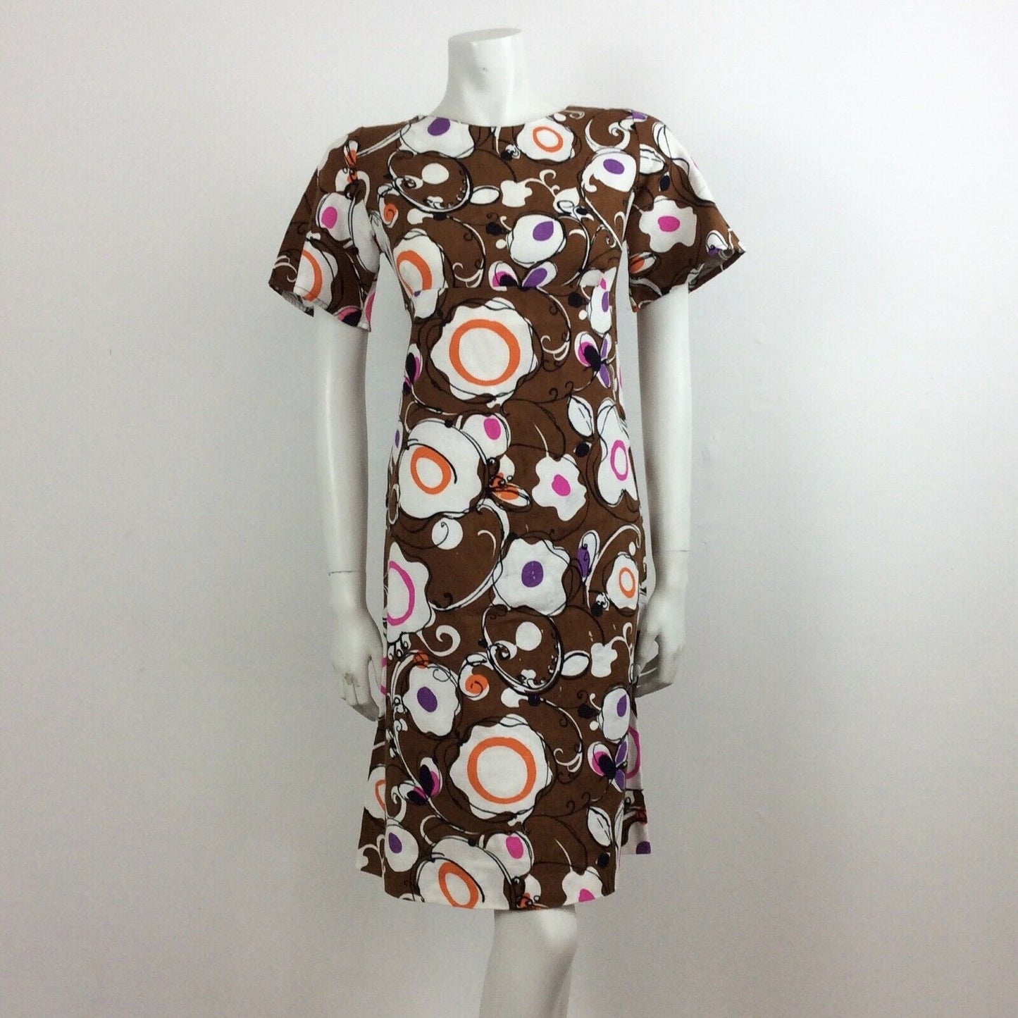 60S VINTAGE PSYCHEDELIC BROWN PURPLE PINK ORANGE DRESS 10 12