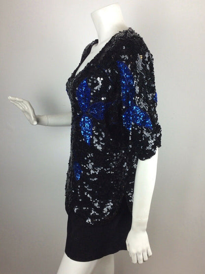 VINTAGE 70’S TOP, BLACK, BLUE SEQUINS, FLOWER PATTERN, PARTY / EVENING, 14 16