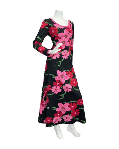 VINTAGE 60s 70s BLACK PINK GREEN FLORAL BLOSSOM MOD ALMEDAHL MAXI DRESS 12