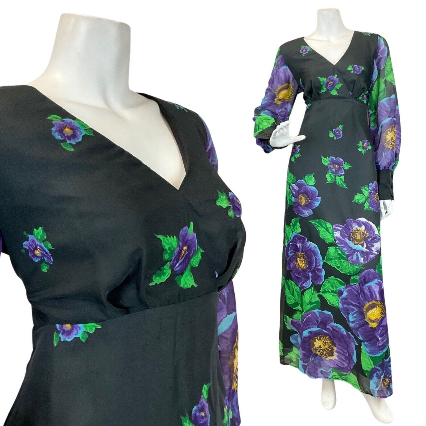 VINTAGE 60s 70s BLACK PURPLE GREEN FLORAL LONG-SLEEVE MAXI DRESS 12 14