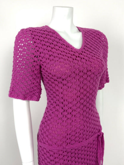 VINTAGE 60s 70s PINK PURPLE CROCHETED HIPPY DROP WAIST DRESS 8