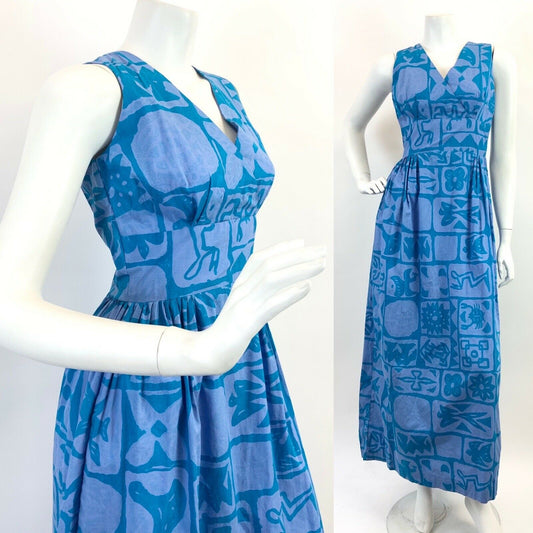 VINTAGE 60s 70s BLUE PURPLE GEOMETRIC AZTEC FLORAL FOLK SLEEVELESS MAXI DRESS 8