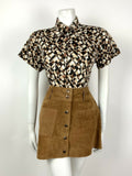 VTG 60s 70s BROWN CREAM WHITE GEOMETRIC DAISY MOD DAGGER SHIRT BLOUSE 14 16