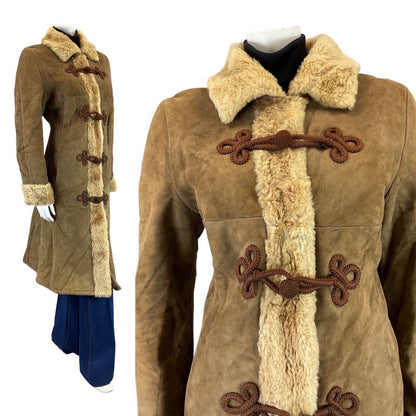 VINTAGE 60s 70s BROWN BROCADE SUEDE ZHIVAGO SHEARLING LONG COAT 12 14