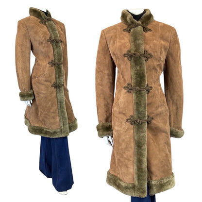 VINTAGE 60s 70s LIGHT BROWN SUEDE BROCADE DR ZHIVAGO SHEARLING LONG COAT 14 16