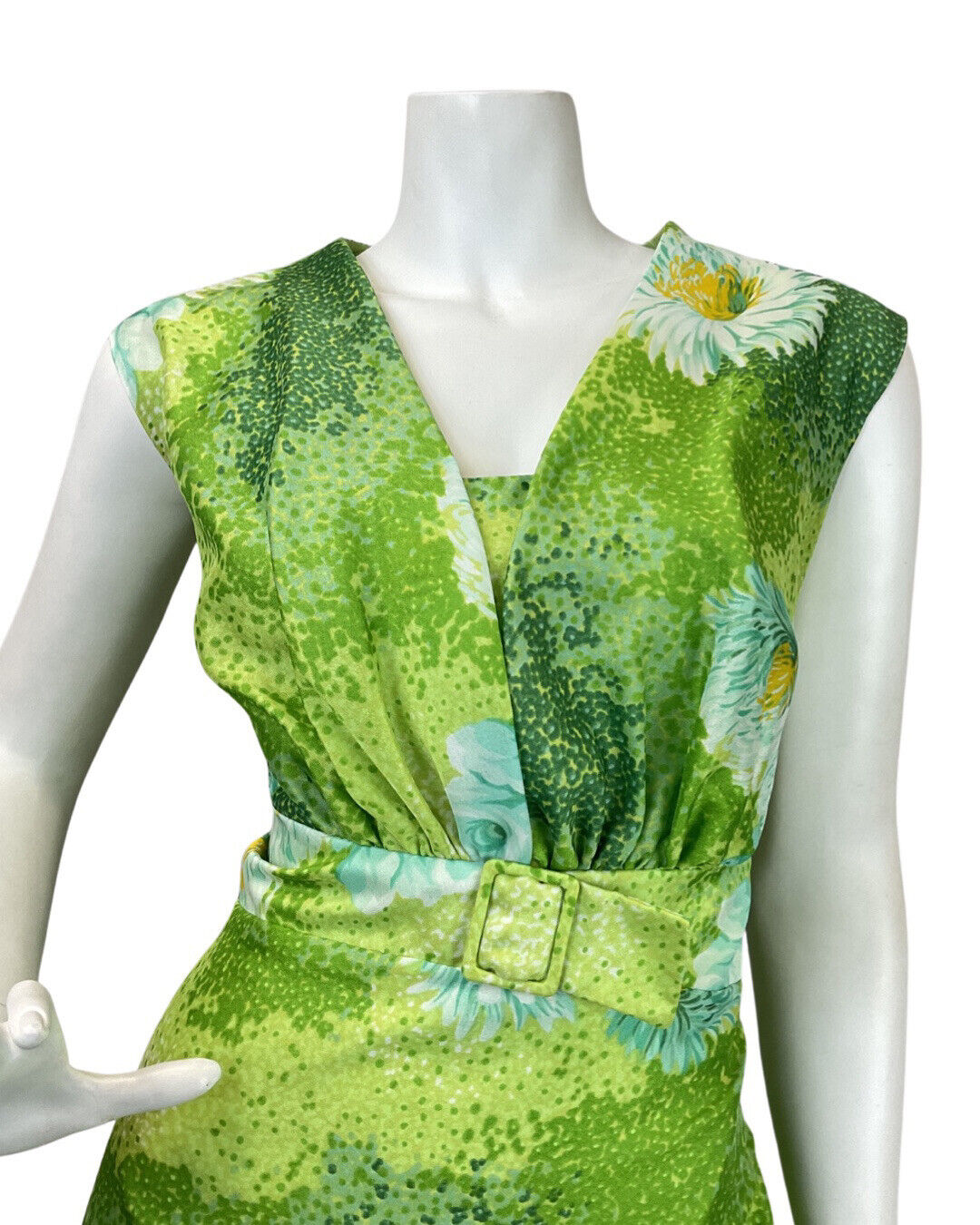 VINTAGE 60s 70s LIME GREEN WHITE DOTTY DAISY FLOWER SLEEVELESS MAXI DRESS 14 16