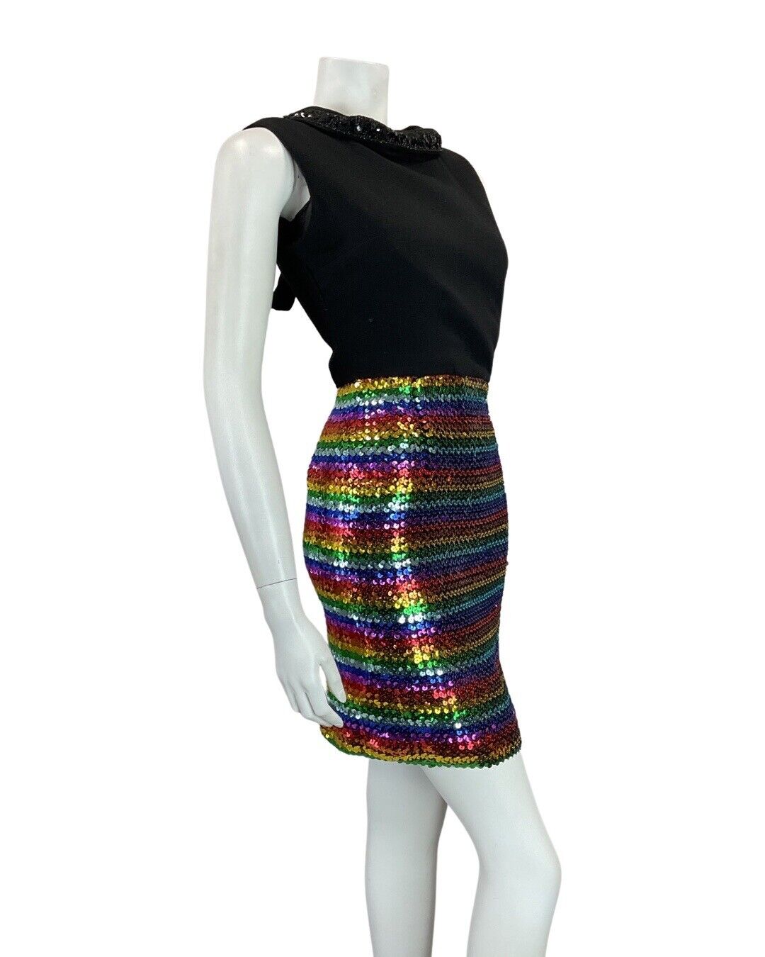 VINTAGE 60s 70s BLACK STRIPED RAINDOW SEQUIN MOD DISCO PARTY SLEEVELESS DRESS 8