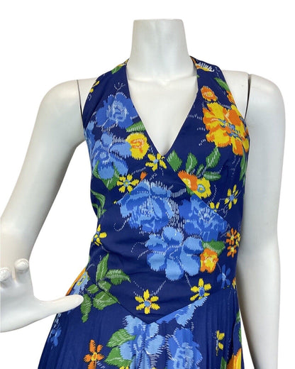 VINTAGE 60s 70s BLUE ORANGE YELLOW FLORAL ROSE HALTER SUMMER MAXI DRESS 8