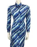 VINTAGE 60s 70s BLUE STRIPED ABSTRACT PRINT SHIRT MIDI MOD DRESS 10 12