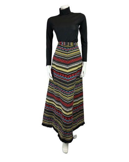 VINTAGE 60s 70s GREY RED YELLOW STRIPED GEOMETRIC EMBROIDERED MAXI SKIRT 8