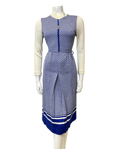 VINTAGE 70s BLUE WHITE GEOMETRIC ZIG-ZAG KNITTED LONG-SLEEVE MIDI DRESS 8 10