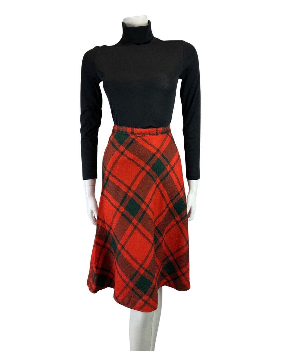 VINTAGE 60s 70s RED GREEN PLAID CHECKED KNEE-LENGTH SWING SKIRT 8