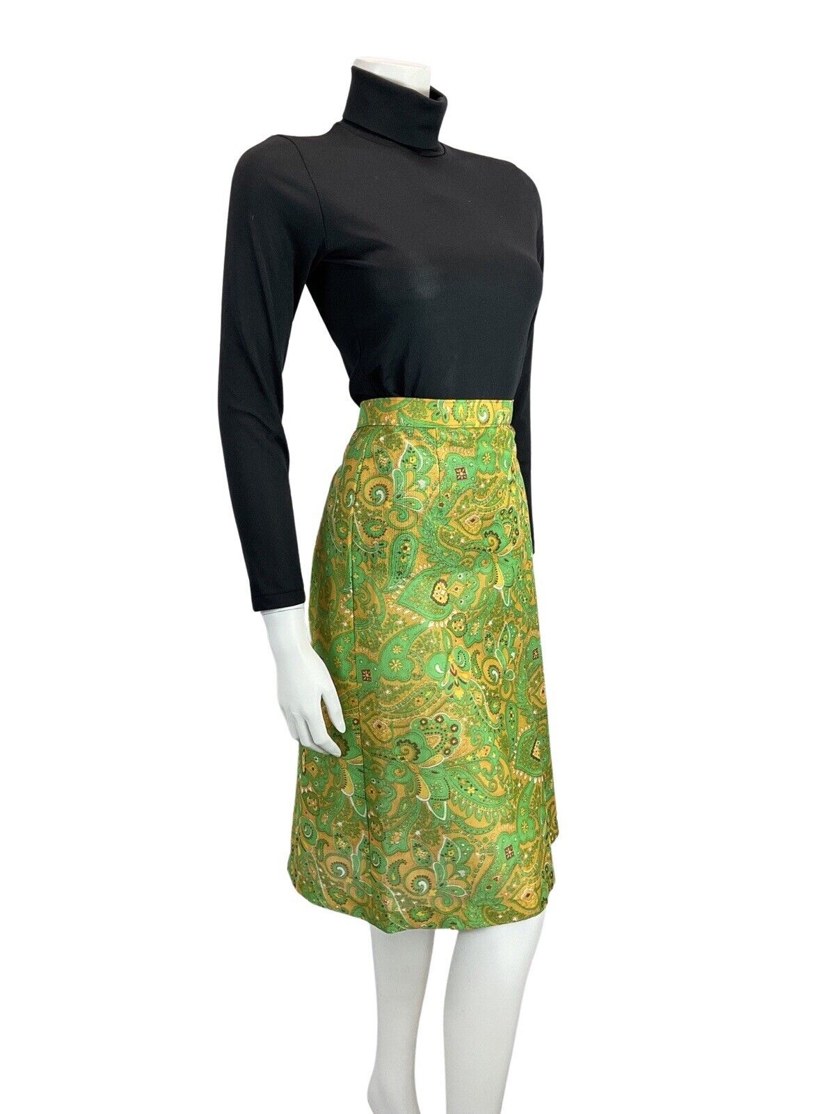 VINTAGE YELLOW GREEN PAISLEY PRINT PSYCHEDELIC KNEE LENGTH 60s 70s SKIRT 14