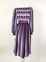 VINTAGE 60s 70s PURPLE BLUE BLACK CREAM STRIPED SHEER FLOATY DRESS 6