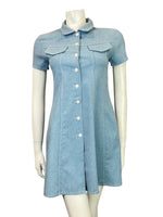 VINTAGE 60s 70s DENIM BLUE WHITE DAISY MOD A-LINE SHIFT SHIRT DRESS 6 8