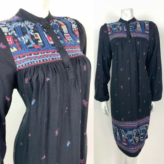 VINTAGE 60s 70s BLACK BLUE RED GEOMETRIC FLORAL KAFTAN BOHO FOLK DRESS 10 12