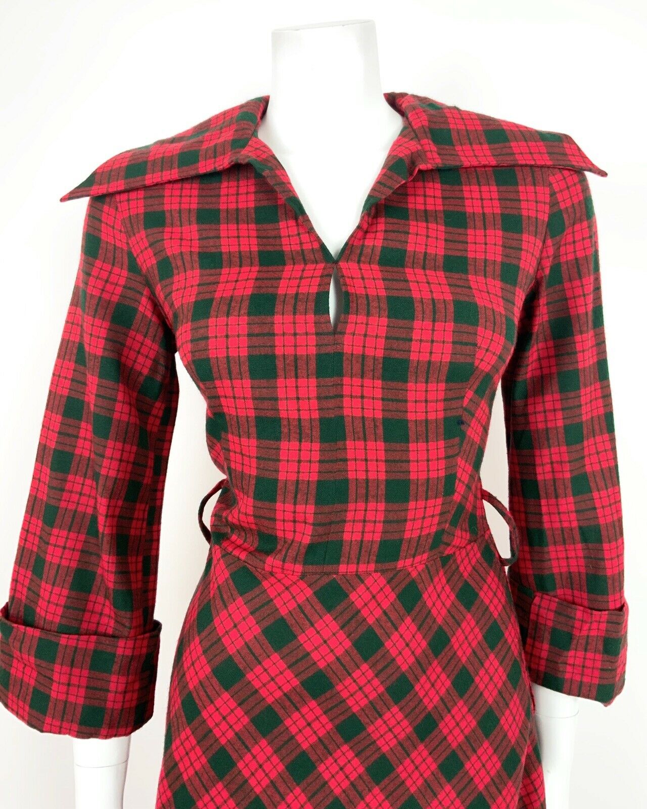 VINTAGE 60s 70s RED GREEN TARTAN CHECKED WINGED COLLAR PLAID FLARED DRESS 8 10