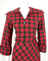VINTAGE 60s 70s RED GREEN TARTAN CHECKED WINGED COLLAR PLAID FLARED DRESS 8 10