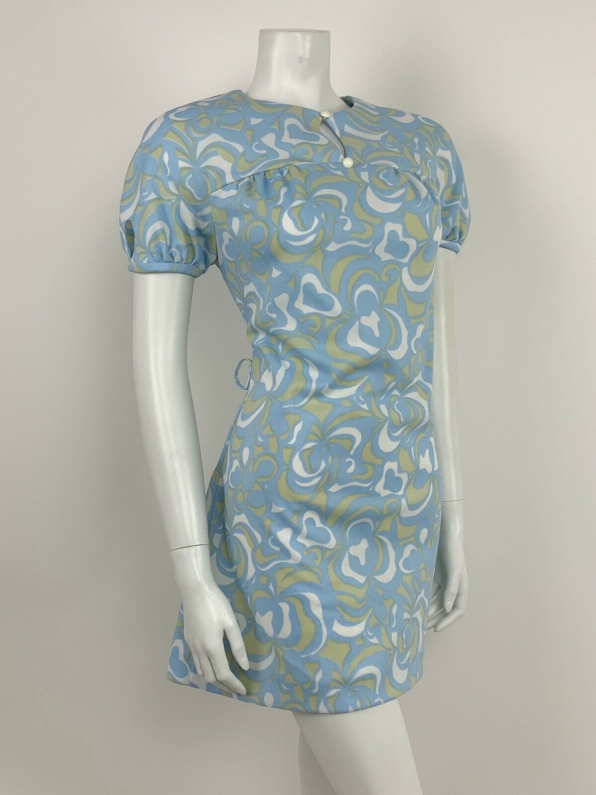 VINTAGE 60s 70s BLUE WHITE BEIGE SWIRL FLORAL KEYHOLE YOKE DRESS 10 12