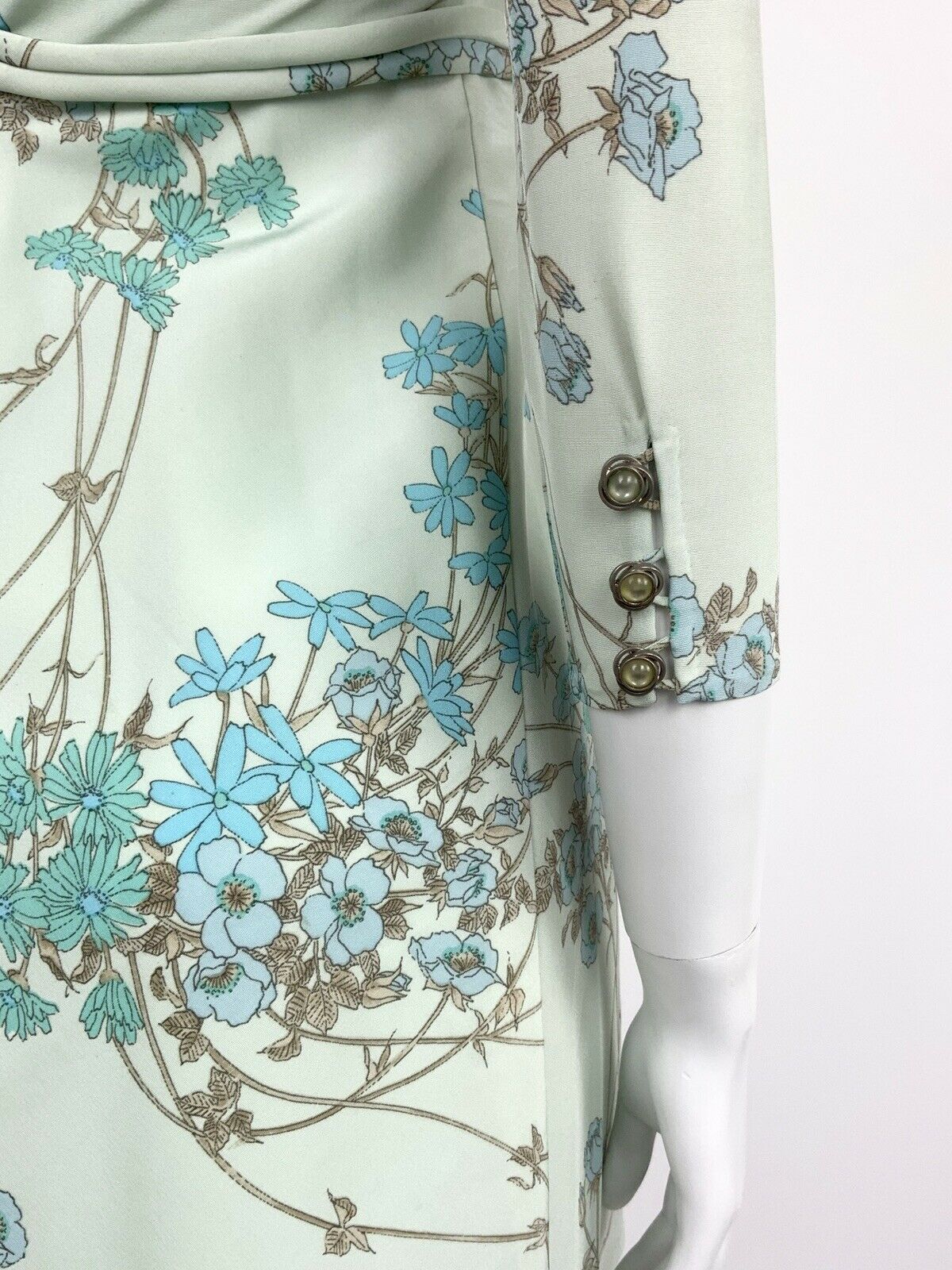 VINTAGE 60s MINT GREEN BLUE TEAL BEIGE METAL FLORAL SUMMER MINI DRESS 6