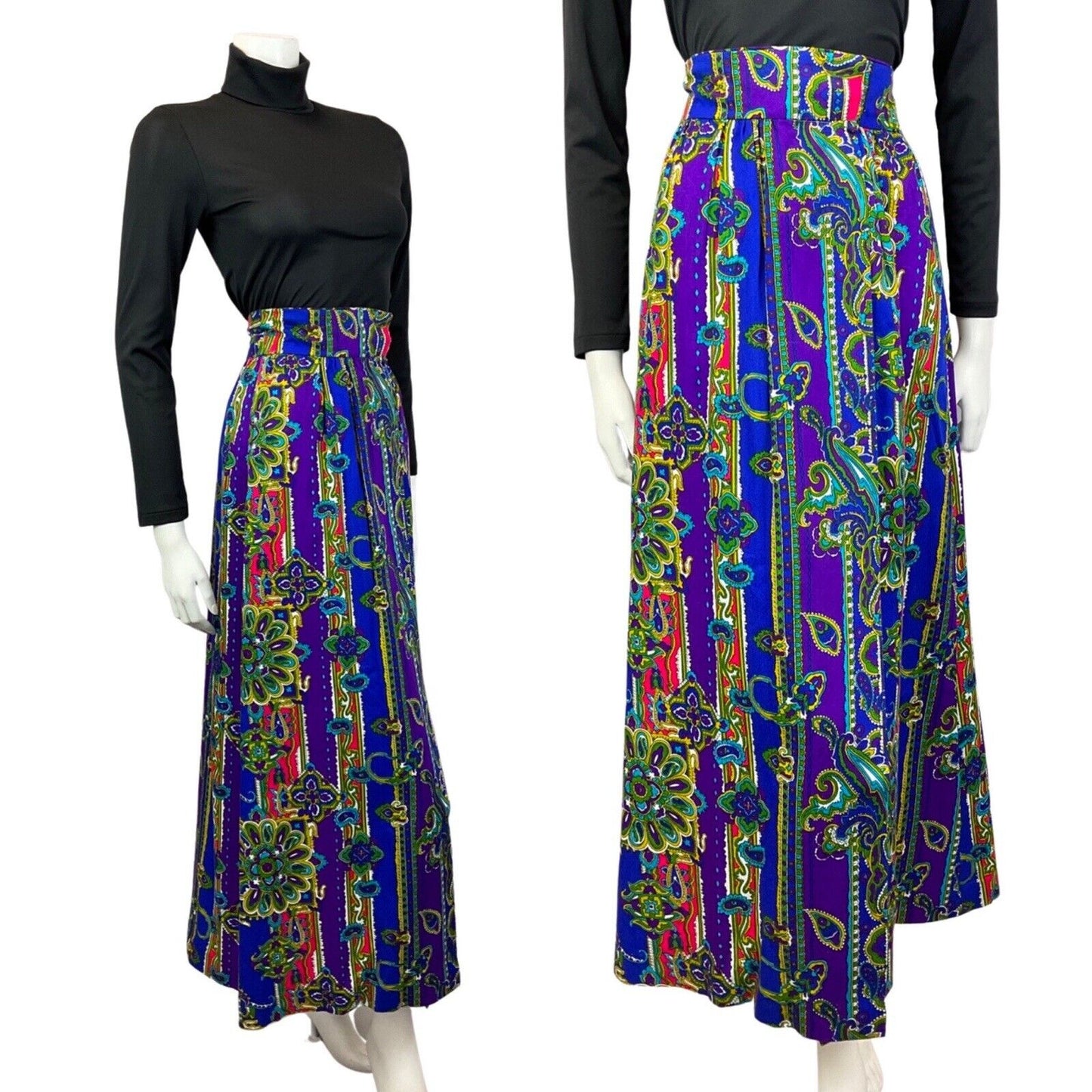 VINTAGE 70s BLUE PURPLE PINK PAISLEY FLORAL MANDALA MAXI SKIRT 8 10