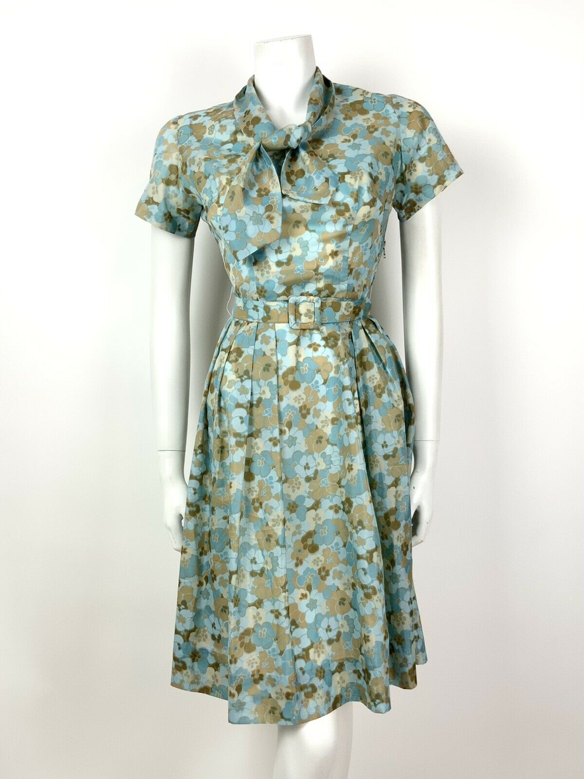 VTG 50s 60s BLUE BEIGE BROWN BELTED PSYCHEDELIC FLORAL PLEATED TEA DRESS 10