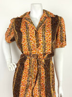 VINTAGE 60s 70s BROWN YELLOW ORANGE LILAC ABSTRACT STRIPED SHIRT DRESS 10 12 14