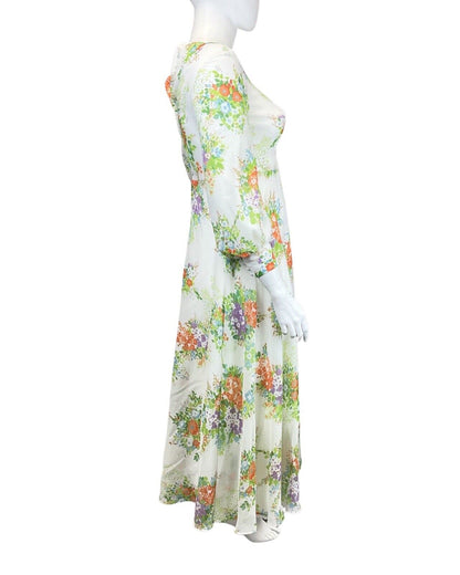 VINTAGE 60s 70s WHITE GREEN ORANGE FLORAL BOUQUET SHEER PRARIE MAXI DRESS 14 16