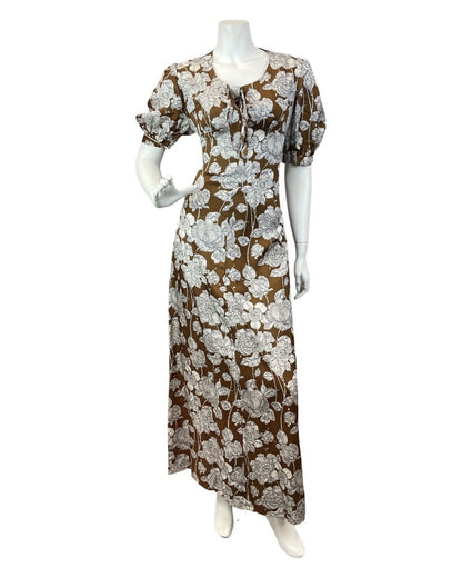 VINTAGE 60s 70s BROWN WHITE FLORAL ROSE BOHO PUFF SLEEVE MAXI DRESS 10 12