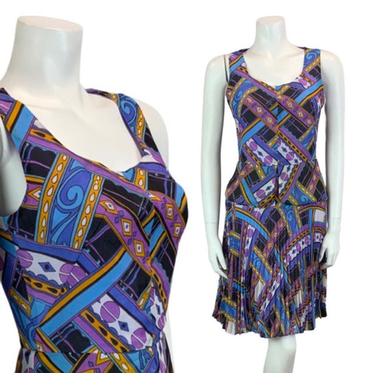 VINTAGE 60s 70s PURPLE BLUE ORANGE FUNKY PRINT PLEATED MIDI DRESS 8 10