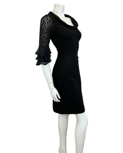 VINTAGE 60s 70s BLACK LACE RUFFLE MOD MINI PARTY CHRISTMAS EVENING DRESS 10