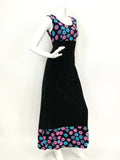 VTG 60s 70s BLACK BLUE PURPLE PINK PSYCHEDELIC FLOWER VELVET MAXI DRESS 8