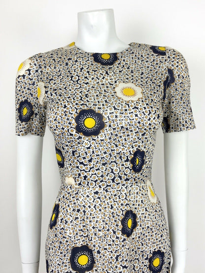 VTG 60s 70s BLUE WHITE YELLOW FLORAL MOD DAISY DOTTY DRESS SUMMER HIPPY 8