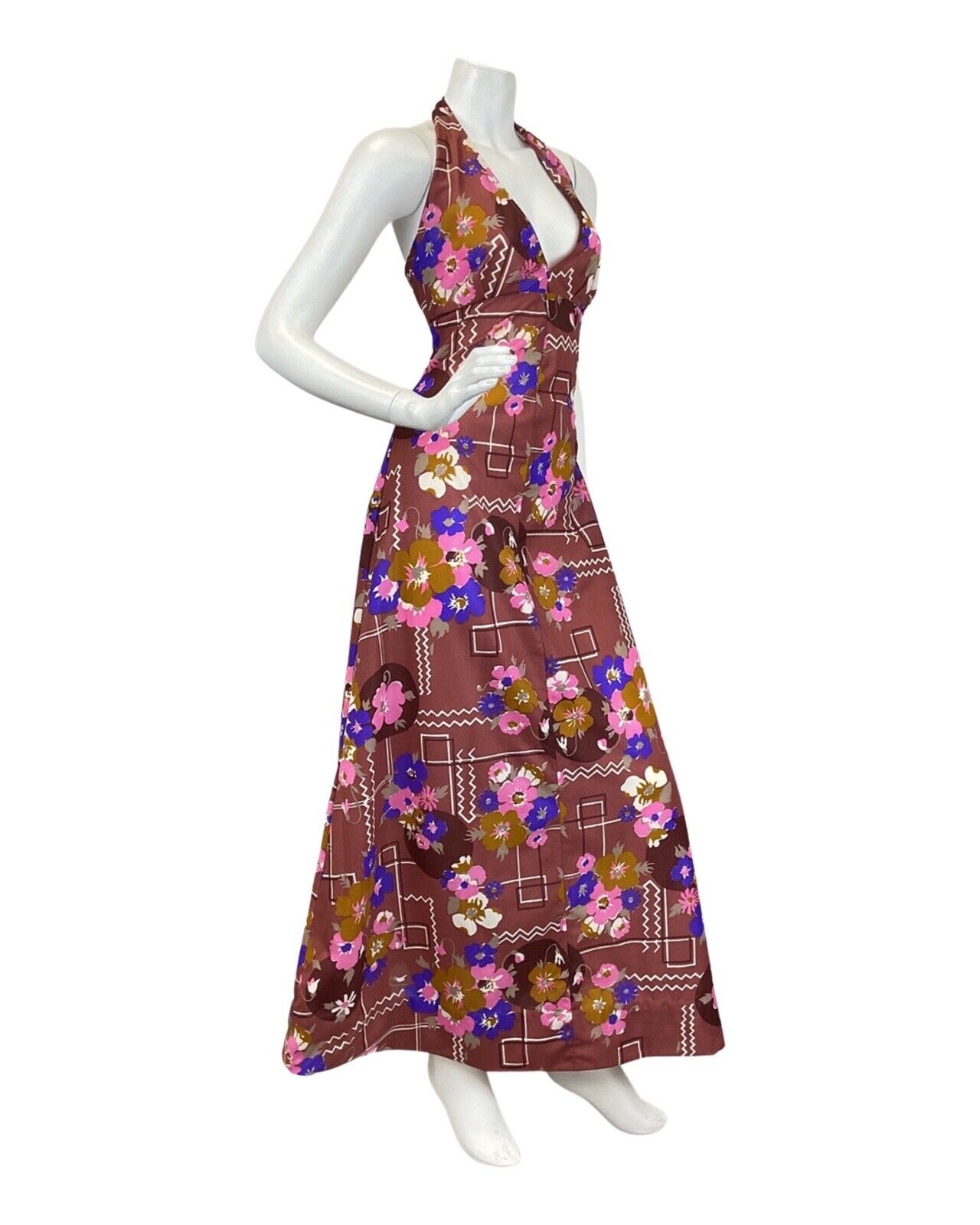 VINTAGE 60s 70s BROWN PINK PURPLE FLORAL GEOMETRIC MOD HALTER MAXI DRESS 10 12