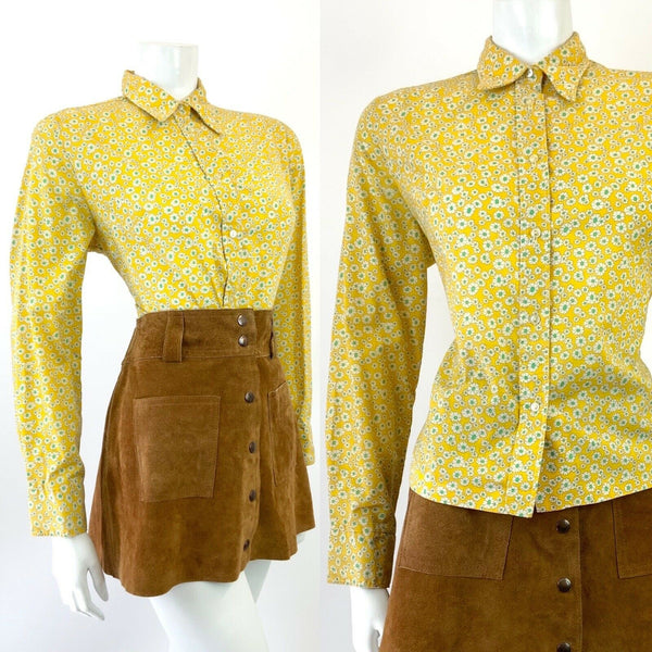 VINTAGE 60s 70s YELLOW WHITE GREEN FLORAL DITSY MOD DAGGER SHIRT BLOUSE 16 18