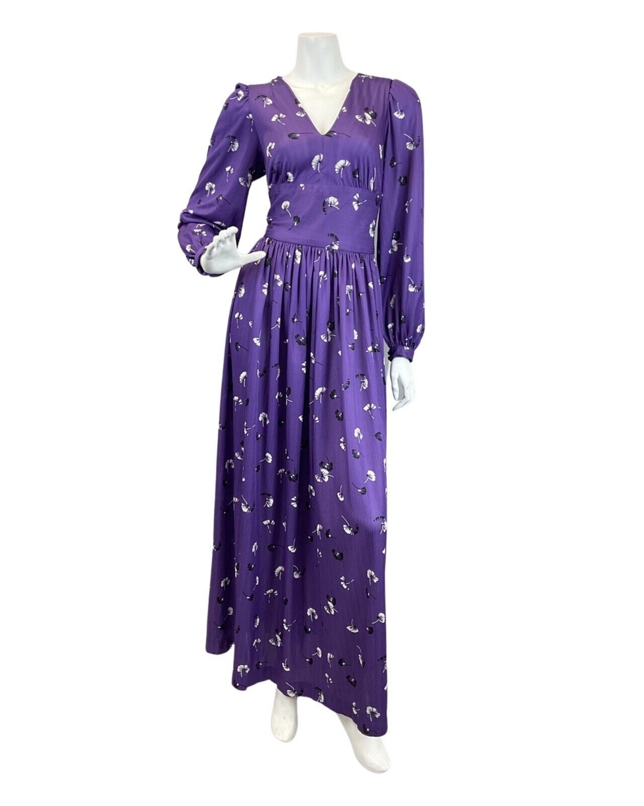 VINTAGE 60s 70s PURPLE BLACK WHITE FLORAL DANDELION LONGSLEEVE MAXI DRESS 10 12