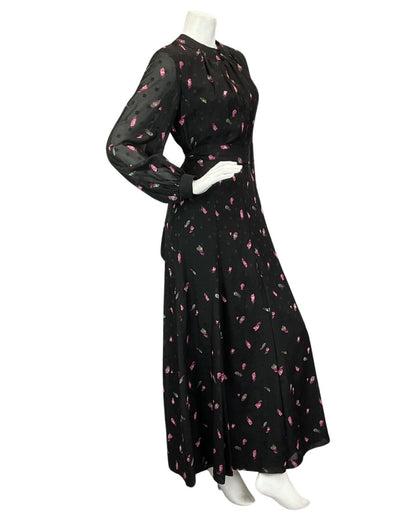 VINTAGE 60s 70s BLACK PINK GREEN FLOWER PRINT BOHO EVENING MAXI DRESS 12