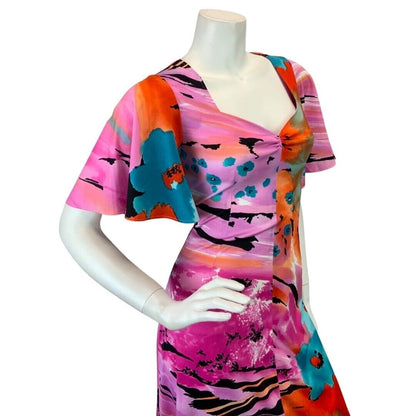 VINTAGE 60s 70s PINK ORANGE BLACK ABSTRACT FLORAL BEACH SUMMER MAXI DRESS 10