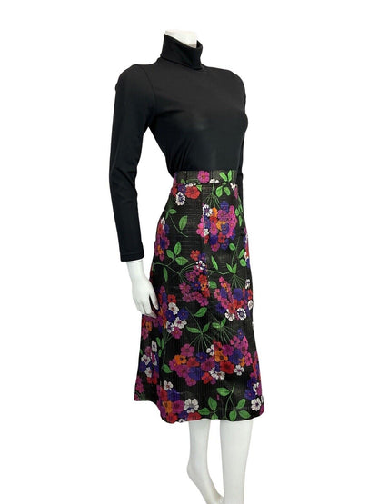 VINTAGE 60s 70s BLACK PINK RED GREEN FLORAL PRINT BOHO FOLK MIDI SKIRT 16