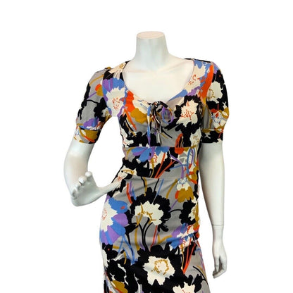 VINTAGE 60s 70s BLACK WHITE BLUE PSYCHEDELIC FLORAL RUFFLE MOD MIDI DRESS 6