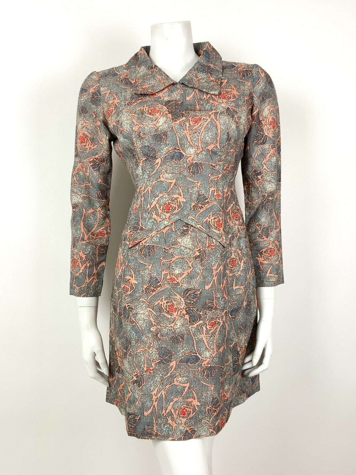 VINTAGE 60s 70s BLUE GREY ORANGE RED LEAF FLORAL ROSE SHIRT DRESS 10 12