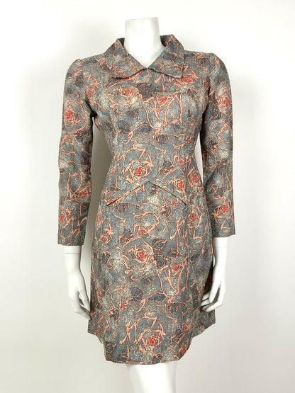 VINTAGE 60s 70s BLUE GREY ORANGE RED LEAF FLORAL ROSE SHIRT DRESS 10 12