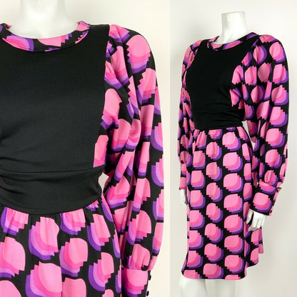 VTG 60s 70s BLACK PINK LILAC PURPLE OP-ART GEOMETRIC BATWING SLEEVE DRESS 14 16