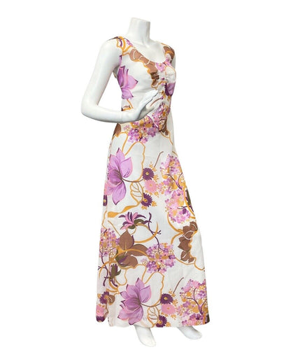 VINTAGE 60s 70s WHITE PURPLE YELLOW FLORAL VINE SLEEVELESS SUMMER MAXI DRESS 12