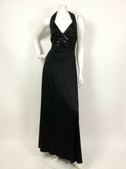 VINTAGE 60s 70s BLACK SEQUIN DISCO STUDIO 54 GLAM HALTER MAXI DRESS 10 12