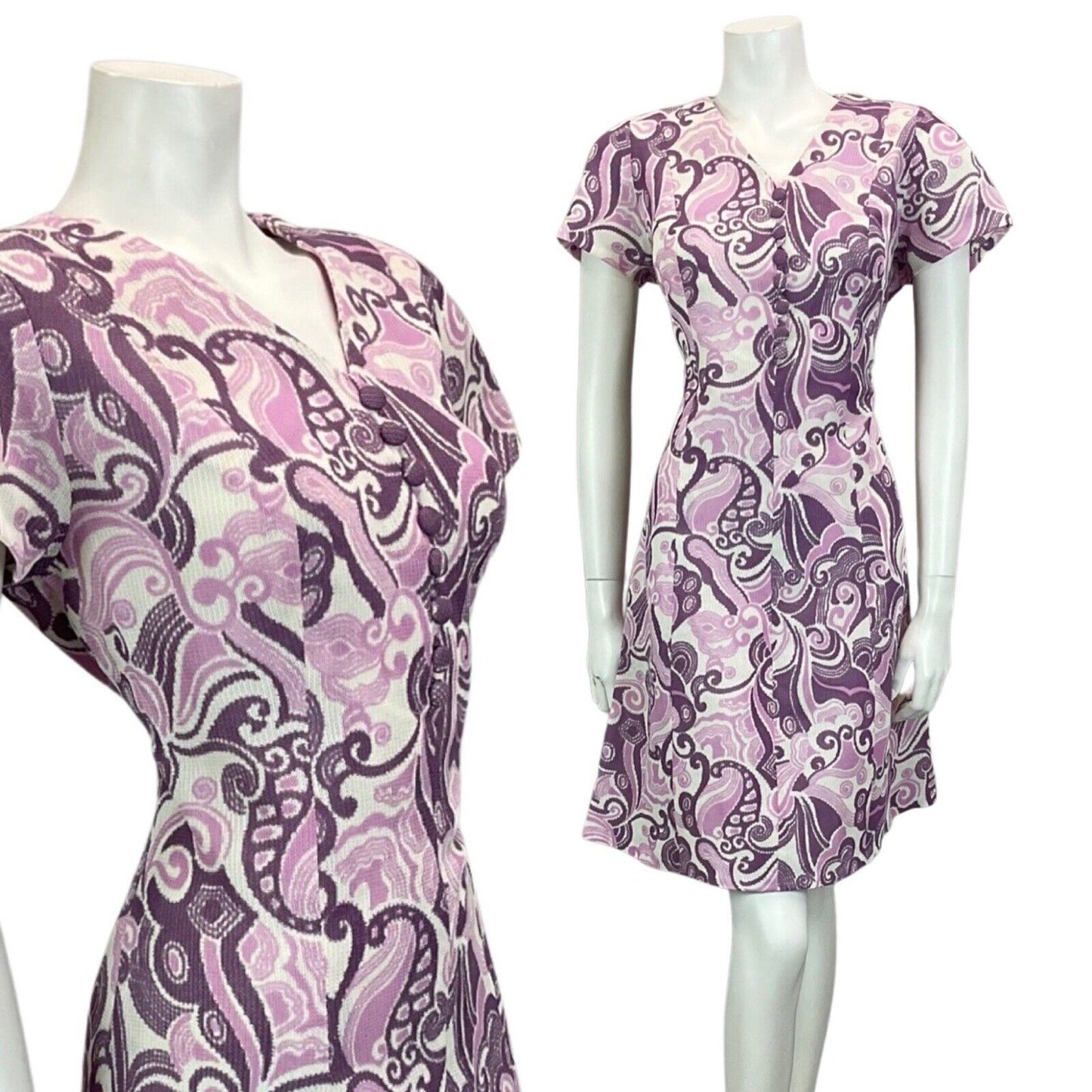 VINTAGE 60S 70S WHITE LILAC PURPLE PSYCHEDELIC BOHO MOD MINI DRESS 12 14