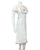 VTG 60s 70s WHITE RED EMBROIDERED ROSE RIC RAC CROCHET BOHO FOLK SUMMER DRESS 6