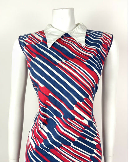 VINTAGE 60s 70s BLUE RED WHITE STRIPED DAGGER COLLAR MOD MINI SHIFT DRESS 8 10