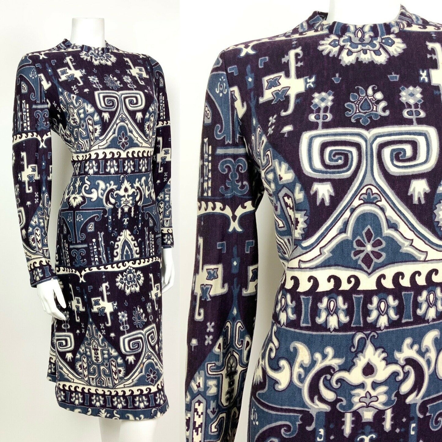 CVINTAGE 60s 70s PURPLE BLUE SILVER FLORAL AZTEC LONGSLEEVE SHIFT DRESS 12 14